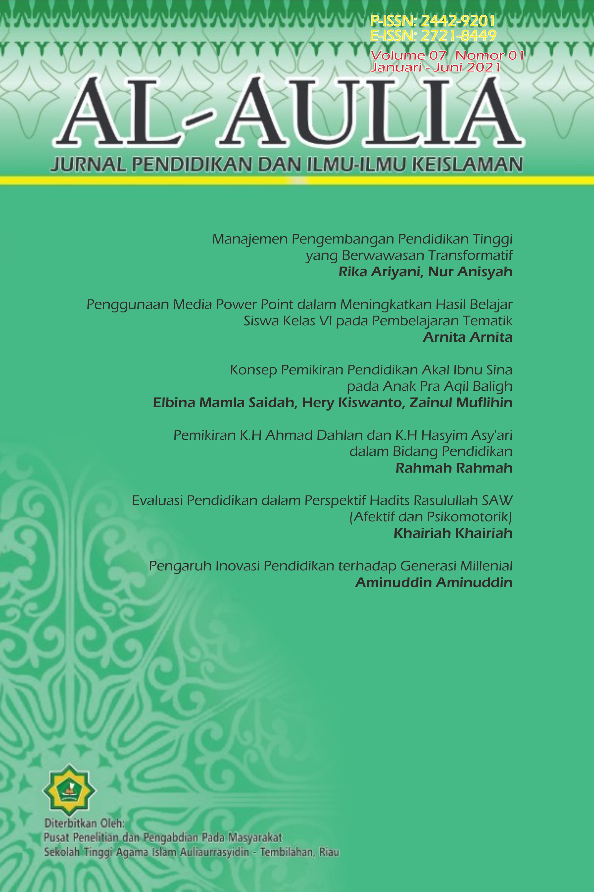 					View Vol. 7 No. 1 (2021): Al-Aulia: Jurnal Pendidikan dan Ilmu-Ilmu Keislaman
				